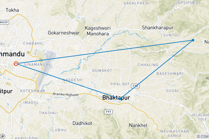 Kaart van Sankhu Nagarkot 2 Daagse Wandeltocht