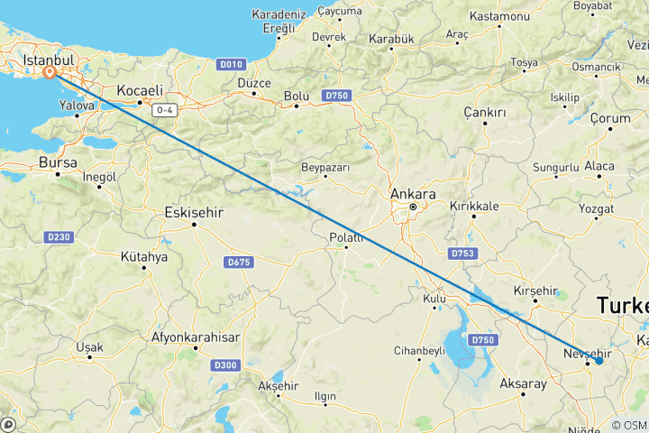 Carte du circuit 2 nuits en Cappadoce avec vol en montgolfière