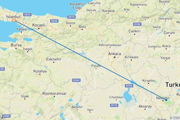 Carte du circuit 2 nuits en Cappadoce avec vol en montgolfière