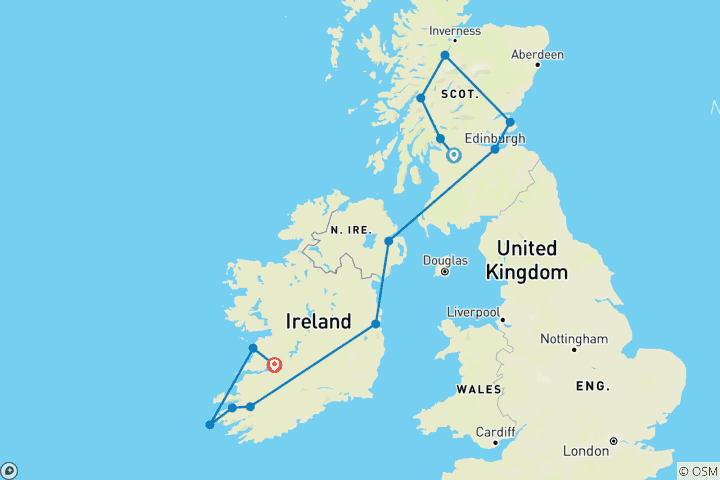 Map of Taste of Scotland & Ireland - 10 Days/9 Nights (13 destinations)