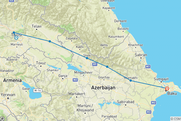 Map of Private Tbilisi - Kakheti - Zaqatala - Sheki - Baku Tour for 7 days