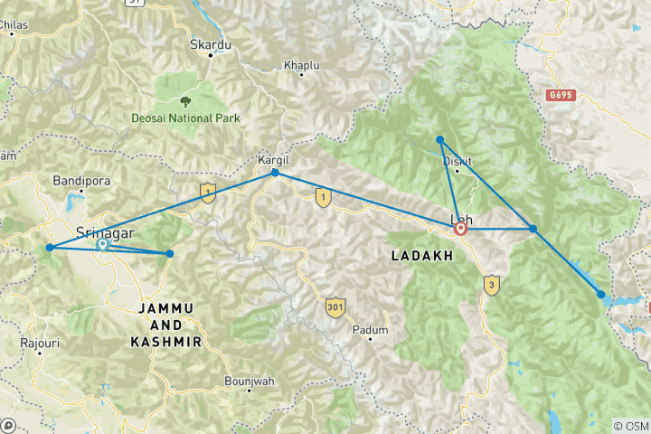 Mapa de El Paraíso en la Tierra - Explora las Maravillas de Ladakh y Cachemira en 10 Días