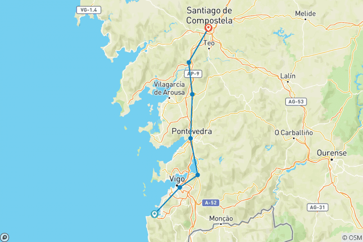 Map of "Camino de Santiago" (Way of St James): Coastal Portuguese Way from Baiona. 120 kms