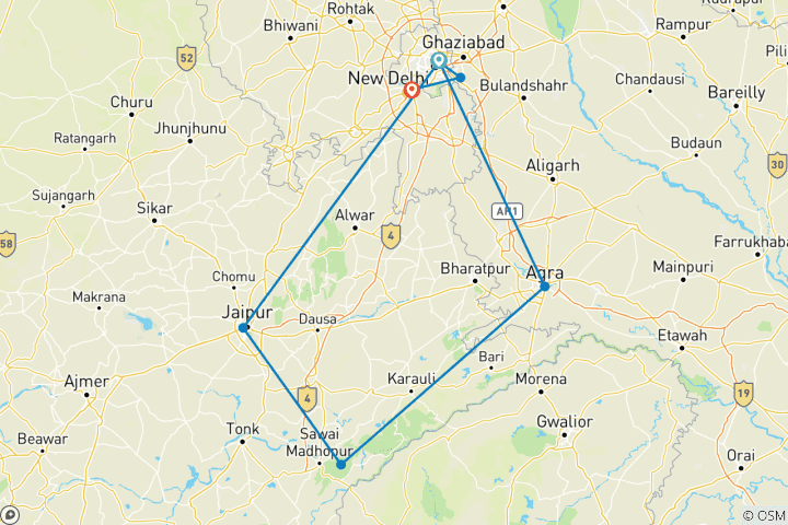 Karte von 5 Tage Goldenes Dreieck mit Ranthambhore Tigers & Taj Mahal bei Sonnenaufgang/Sonnenuntergang