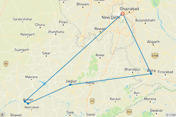Carte du circuit Au départ de Delhi : Circuit du Triangle d'Or avec Ajmer et Pushkar