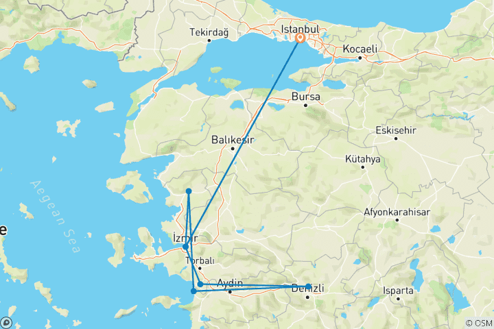 Kaart van 3 Dagen - West Turkije Rondreis van-naar Istanboel / met het Vliegtuig