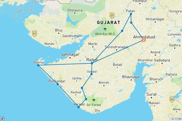 Carte du circuit Expédition dans les temples et la faune du Gujarat