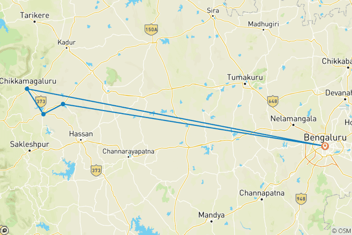 Kaart van Bangalore naar Chikmagalur - Hoysala Tempels & Bhadra Wildernis