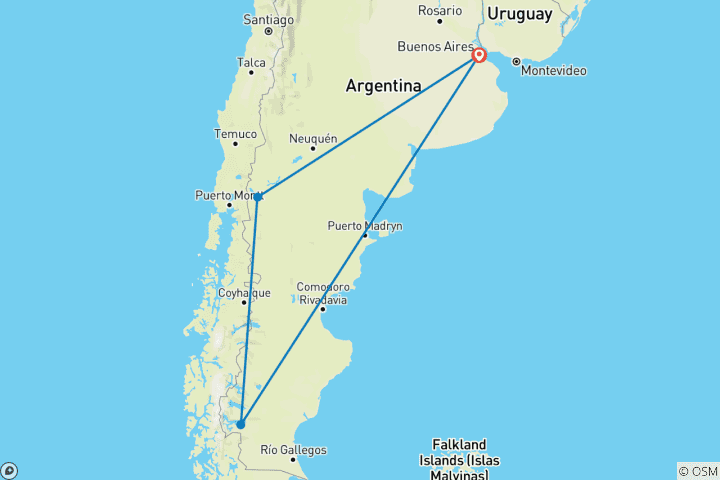 Map of Triangulo Argentino: Buenos Aires -  Bariloche - El Calafate 8 días - 7 noches