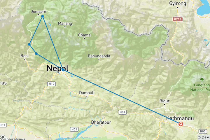 Karte von Lower Mustang Trekking Tour - 12 Tage