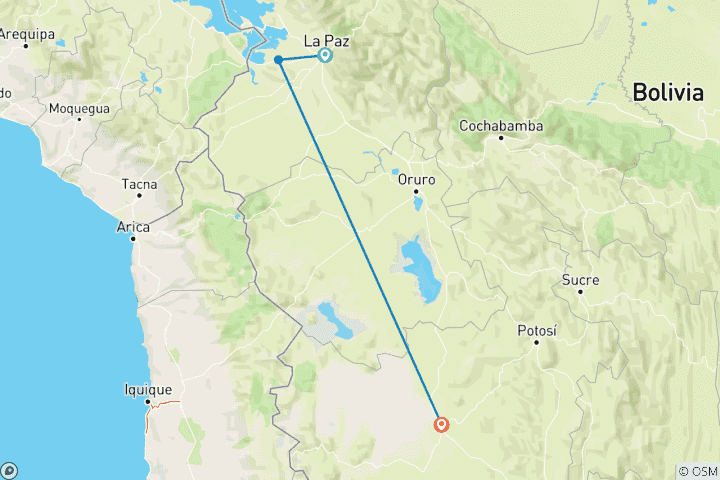 Kaart van Bolivia ontdekkingsreis in 5 dagen en 4 nachten