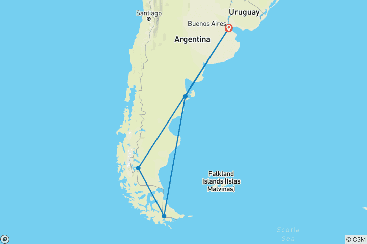 Map of Patagonia Tour  Buenos Aires - Ushuaia - El Calafate in 10 Days