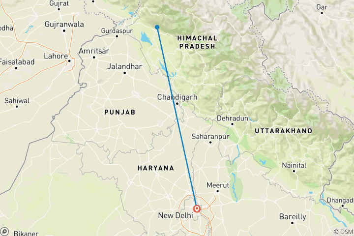 Carte du circuit Visite guidée privée de luxe à Dharamsala et McLeod Ganj - depuis Delhi avec vols : Ville himalayenne à la culture bouddhiste