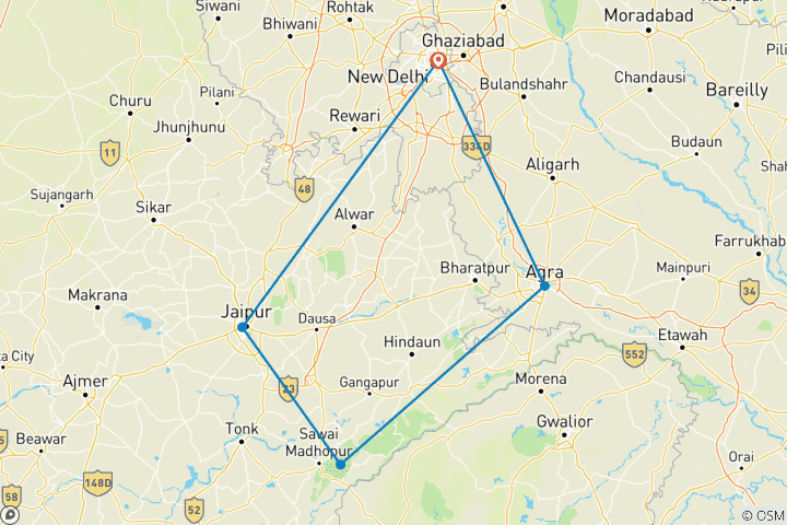 Map of Golden Triangle Tour with Ranthambore Tigers and Taj Mahal Sunrise/Sunset 7 Days