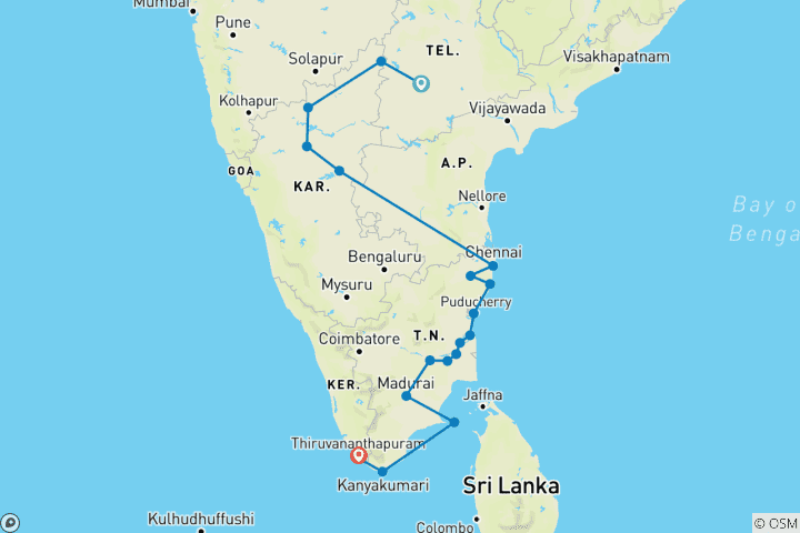 Carte du circuit Inde du Sud : Merveilles de pierre