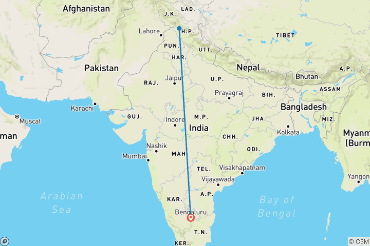 Carte du circuit Visite guidée privée de luxe à Dharamsala et McLeod Ganj - à partir de Bangalore avec vols : Ville himalayenne à la culture bouddhiste