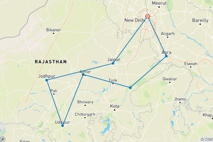 Map of Adventurous Rajasthan Tour With Wildlife {Taj Mahal Sunset and Sunrise-12 Days}