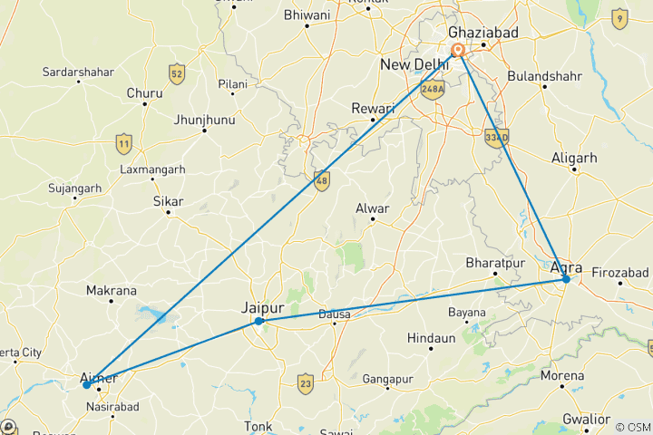 Karte von Goldenes Dreieck mit Pushkar & Taj Mahal bei Sonnenaufgang/Sonnenuntergang - 6 Tage