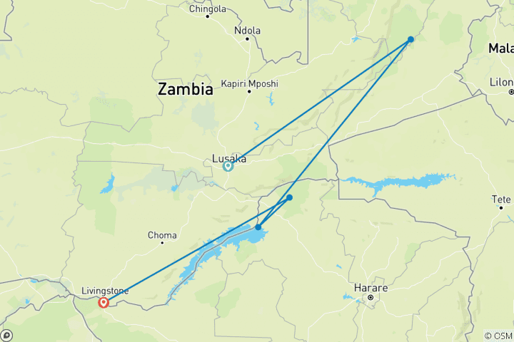 Map of 10-Day South Luangwa, Mana Pools & Victoria Falls