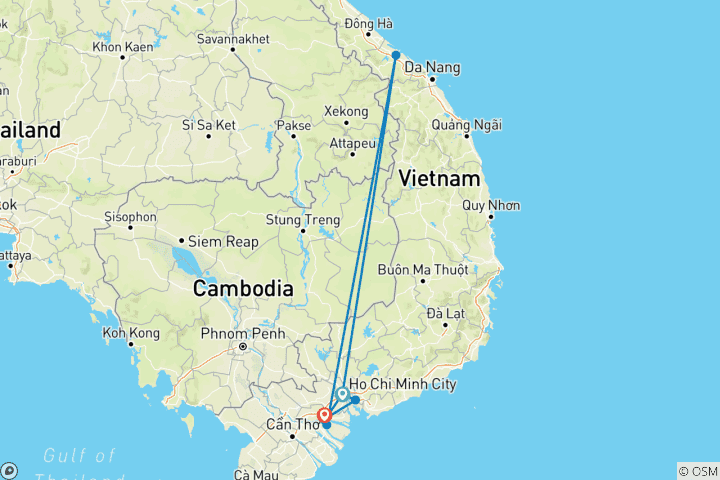 Carte du circuit Forfait Vietnam 4 jours Ho Chi Minh - Tunnel de Cu Chi - Delta du Mékong