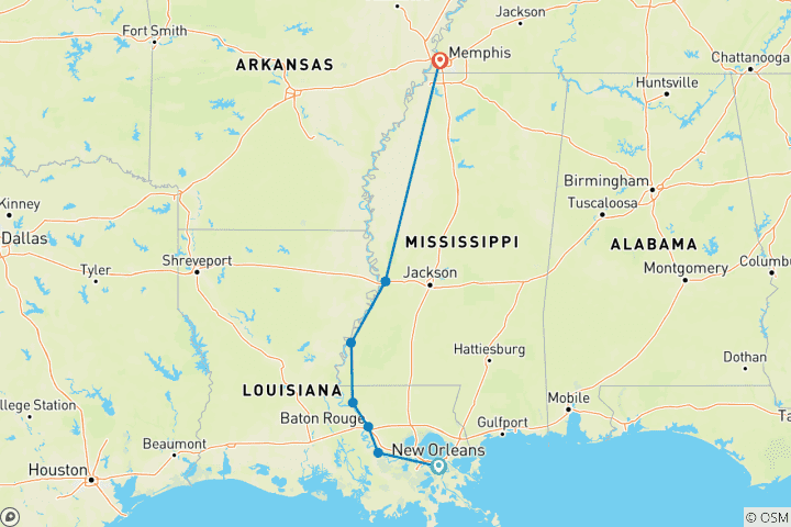 Carte du circuit Le cœur du Delta De la Nouvelle- Orléans, Louisiane à Memphis, Tennessee