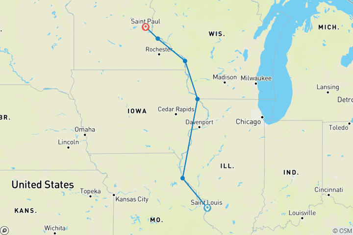 Carte du circuit Louis, Missouri - Alton à St Paul, Minnesota