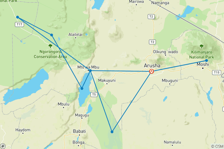 Map of Serengeti, Ngorongoro, Tarangire (with Materuni waterfalls, coffee tour) - 6 Days