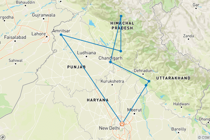 Mapa de Vacaciones familiares personalizadas de 12 días en el norte de la India, con salida diaria y coche privado