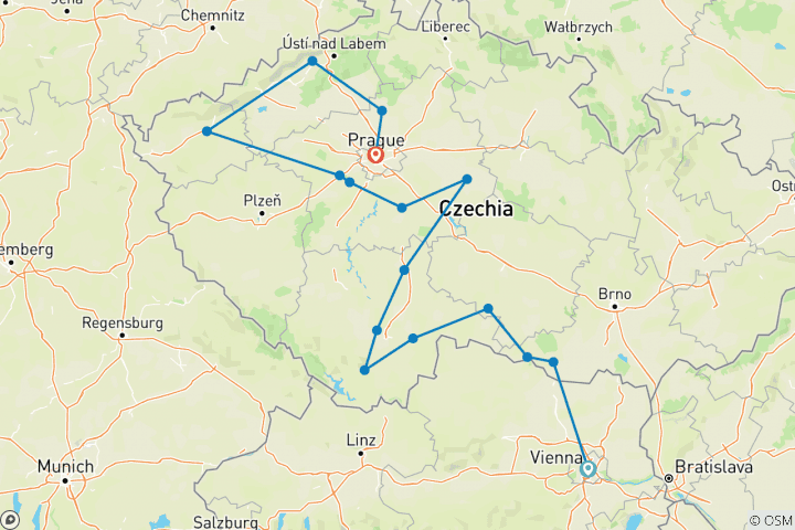 Map of Gorgeous grand tour in Czech Republic: UNESCO sites and other top destinations on a 16-days tour from Vienna