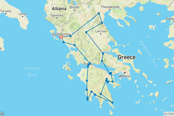 Mapa de Gran viaje idílico por Grecia: lugares de la UNESCO y otros destinos destacados en un viaje de 26 días desde Igoumenitsa