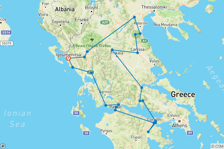 Mapa de Encantador viaje por Grecia: lugares de la UNESCO y otros destinos destacados en un viaje de 11 días desde Igoumenitsa