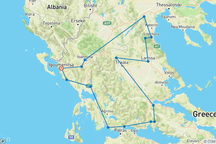 Mapa de Magnífico viaje por Grecia: lugares de la UNESCO y otros destinos destacados en un viaje de 9 días desde Igoumenitsa