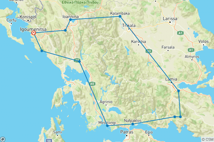 Mapa de Encantador viaje por Grecia: lugares de la UNESCO y otros destinos destacados en una excursión de 7 días desde Igoumenitsa