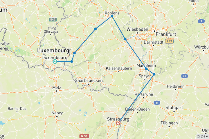 Map of Hiking along Four Rivers: The Moselle, Sarre, Romantic Rhine, and Neckar