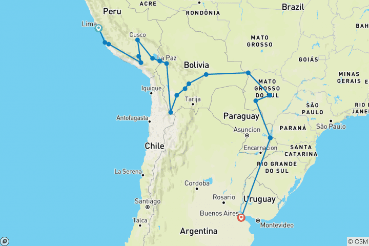 Map of Lima to Buenos Aires (via Pantanal) Travel Pass