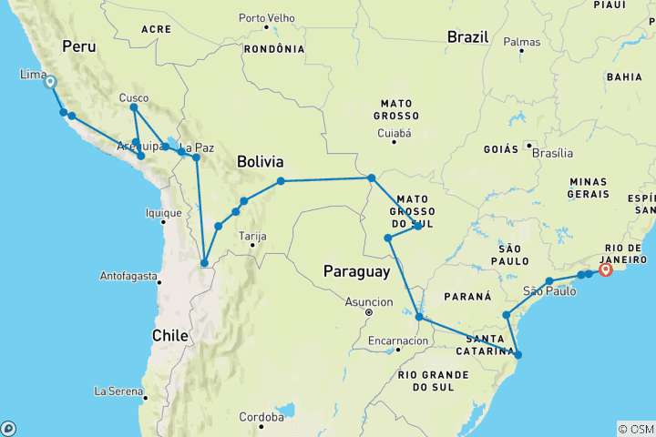 Map of Lima to Rio de Janeiro (via Pantanal) Travel Pass