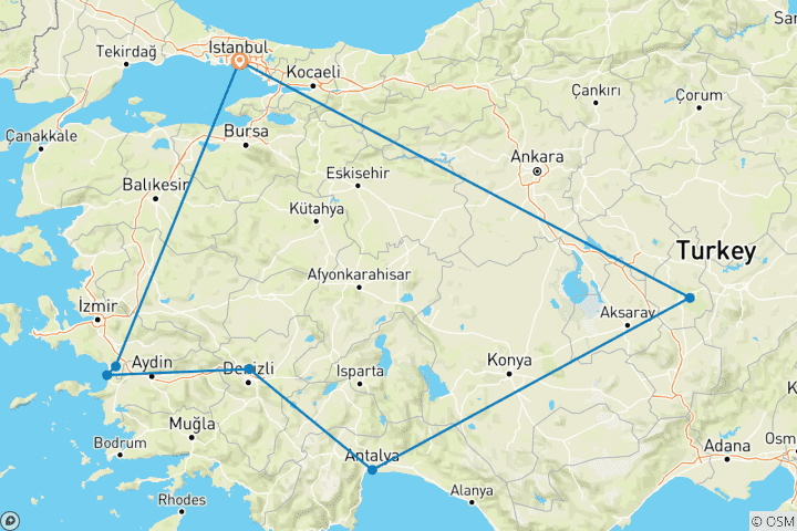 Map of 10 Days Glories of Turkey Tour