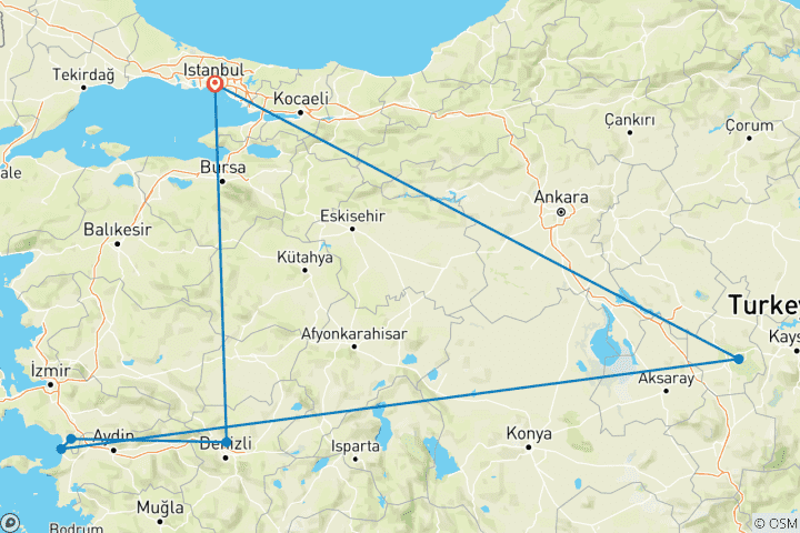 Map of 4 Days - Cappadocia, Ephesus and Pamukkale Tour from/to Istanbul