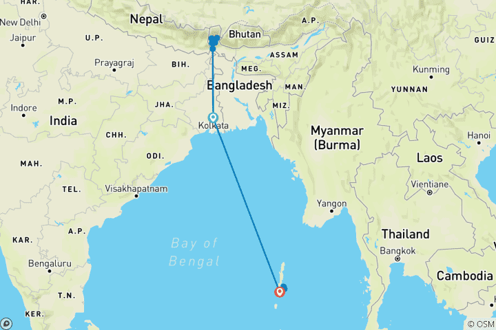 Carte du circuit Héritage colonial, plantations de thé et retraite sur les îles Andaman