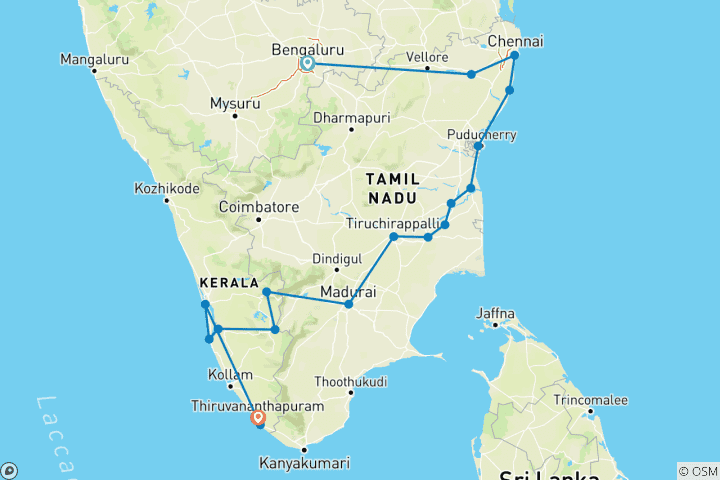 Carte du circuit Au-delà des temples et des marées : De Bangalore à Kovalam