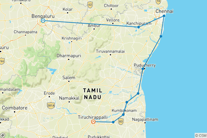 Kaart van De tempelroute – een reis van Bangalore naar Trichy