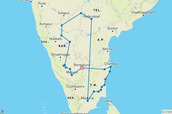 Carte du circuit Incroyable tour de l'Inde du Sud