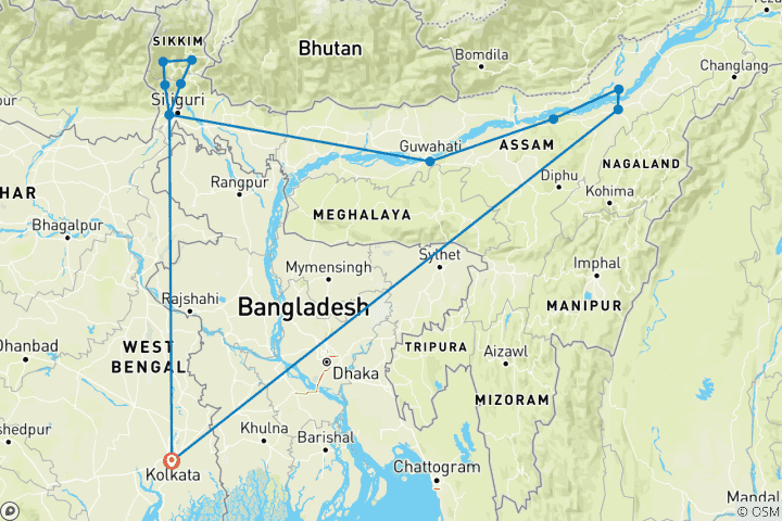 Map of Train, Tea, Tiger & Tribal Expedition