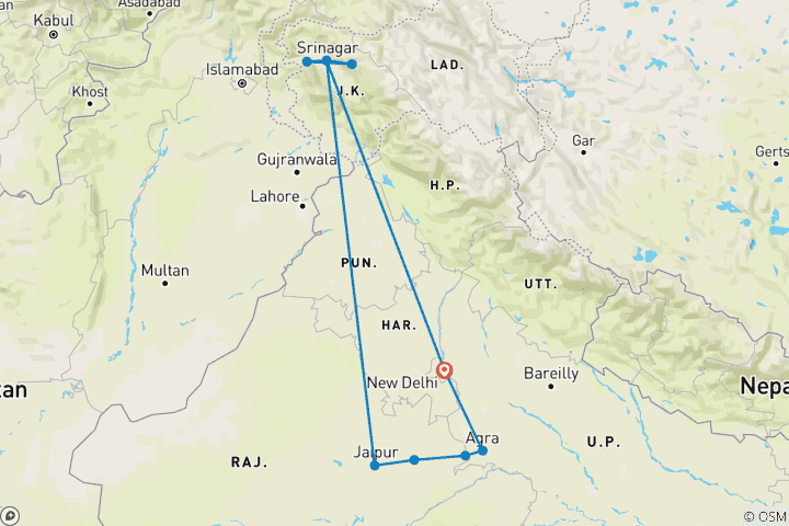 Carte du circuit Expédition dans le triangle d'or et la vallée du Cachemire