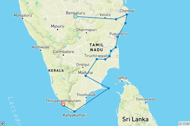 Carte du circuit Du Karnataka au Kerala : Aventure de Bangalore à Kovalam