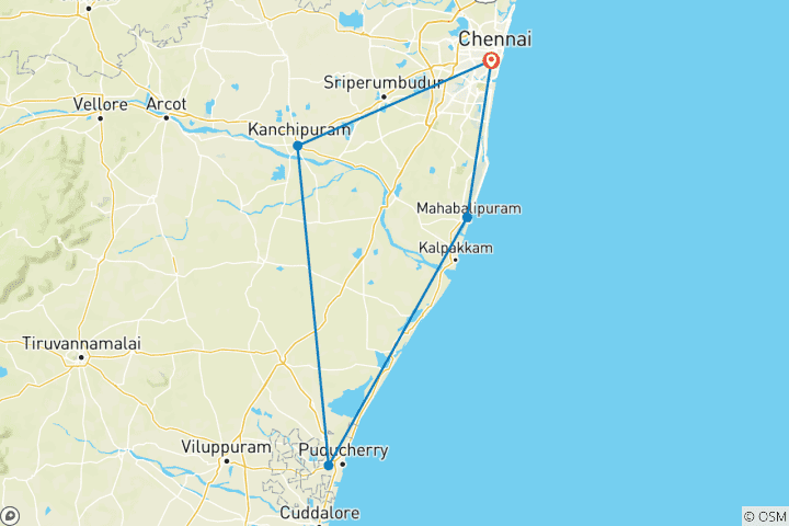 Karte von Kanchipuram, Vellore, Pondicherry & Mahabalipuram