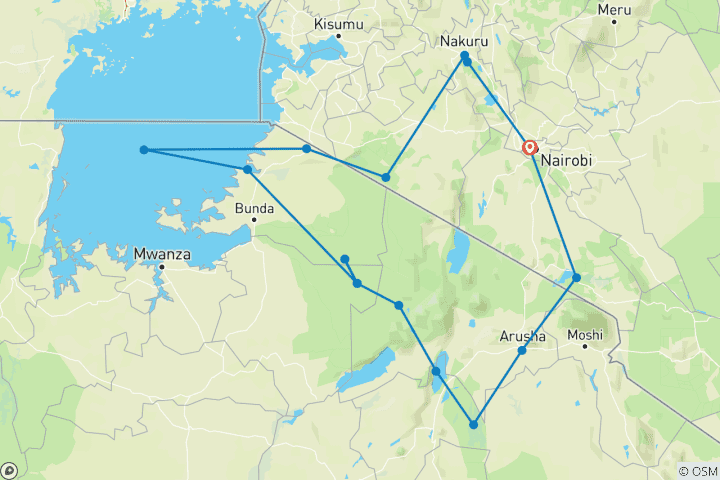 Carte du circuit 12 jours de safari en camping pour les groupes du Kenya et de la Tanzanie