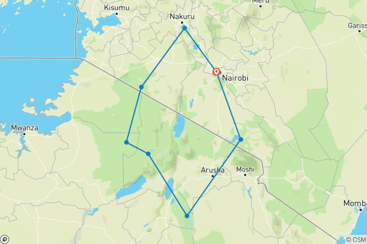 Map of 13 Day East Africa Year-Round Migration Safari- Midrange Camps & Lodges