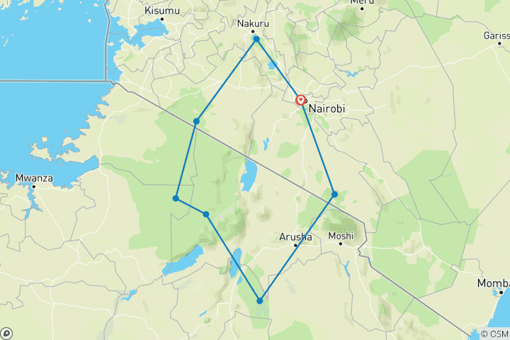 Map of 13 Day Best of  Kenya & Tanzania  Migration Safari - Midrange Camps & Lodges