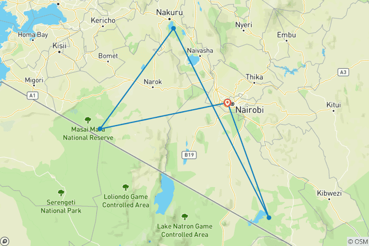 Carte du circuit 7 jours de safari classique en petit groupe au Kenya en Jeep 4X4